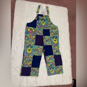 New 2x unisex neon patchwork overalls y2k pants festival rave happy face outfi